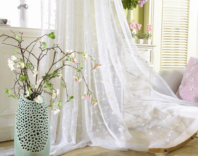 White Sheer Curtains Adorned with Delicate Small Flower and Leaf Embroidery